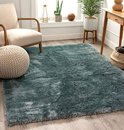 Well Woven Shimmer Shag Ocean Blue Solid Plain Modern Luster Ultra Thick Soft Plush Area Rug 7 x 10 (6'7" x 9'10") Contemporary Retro Polyester Textured 2" Pile Yarn Easy Clean Stain Fade Resistant