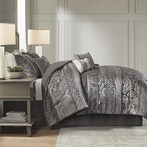 Madison Park Cozy Comforter Set-Luxurious Jaquard Traditional Damask Design All Season Down Alternative Bedding with Matching Shams, Decorative Pillow, California King (104 in x 92 in), Grey 7 Piece