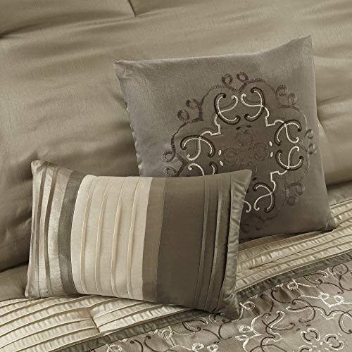 Madison Park Essentials Jelena Room In A Bag Faux Silk Comforter Set, Classic Luxe All Season Down Alternative Bed Set with Bedskirt,Matching Curtains,Decorative Pillows, King(104"x92"), Natural 24 PC