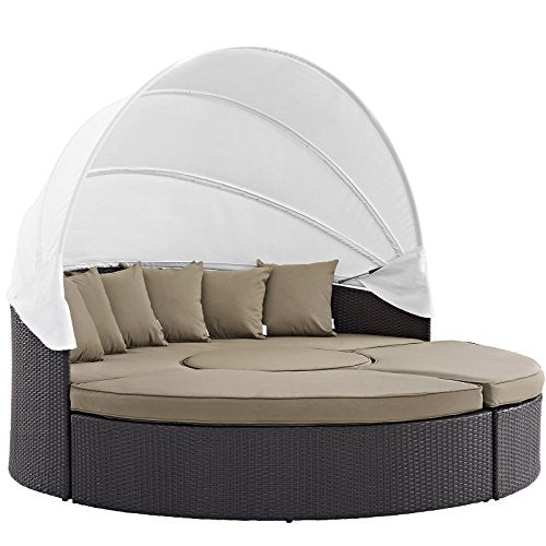 Modway Convene Wicker Rattan Outdoor Patio Retractable Canopy Round Poolside Sectional Sofa Daybed with Cushions in Espresso Mocha