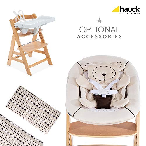 Hauck Alpha Wooden Height Adjustable Chair Bundle w/Seatpad, Natural Wood, Modern Design & Comfortable Feeding Chair. Compatible with Hauck Alpha Bouncer