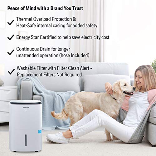 Honeywell Medium Basement & Room Up to 3000 Sq. Ft, TP50AWKN Smart Wi-Fi Energy Star Dehumidifier, 50 Pint, White