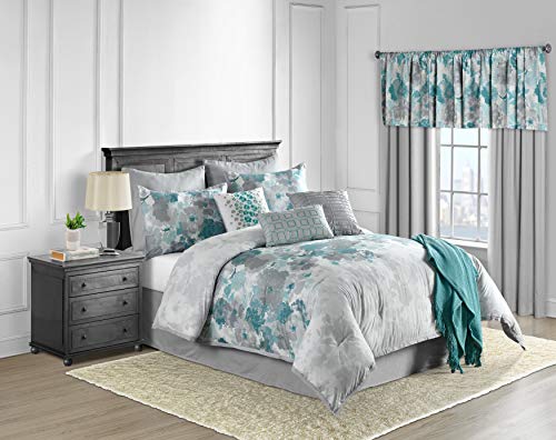 Lanwood Claire Cotton 10-Piece Comforter Set, Queen, Teal Floral