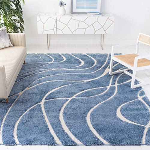 SAFAVIEH Florida Shag Collection SG471 Abstract Wave Non-Shedding Living Room Bedroom Dining Room Entryway Plush 1.2-inch Thick Area Rug, 6' x 9', Light Blue / Cream