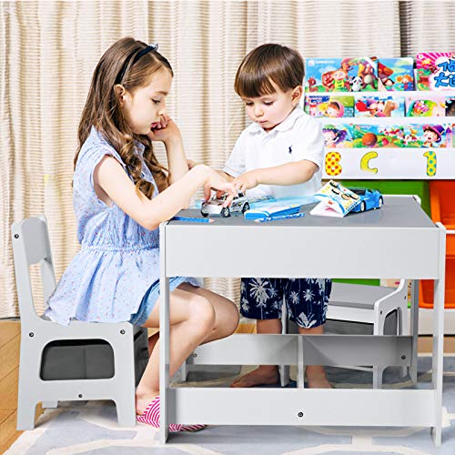 Costzon Kids Table and Chair Set, 3 in 1 Wood Activity Table for Toddlers Arts, Crafts, Drawing, Reading, Playroom, Toddler Table and Chair Set w/ 2 in 1 Tabletop, Storage Space, Gift for Boys & Girls