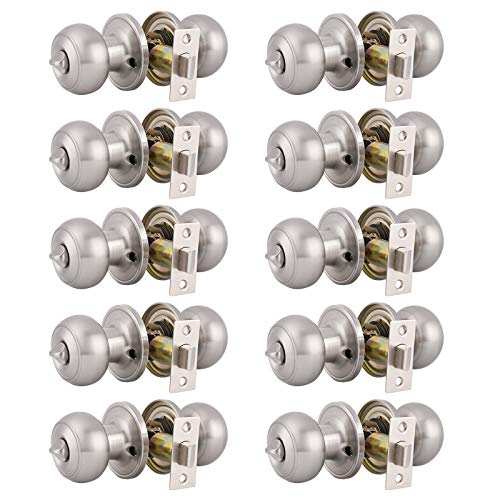 10 Pack Brushed Nickel Door Knobs Privacy Door Knob with Lock, Bedroom Door Handle Bathroom Door Lock, Stainless Steel Interior Door Knobset, Flat Ball Shape
