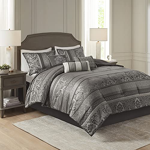 Madison Park Cozy Comforter Set-Luxurious Jaquard Traditional Damask Design All Season Down Alternative Bedding with Matching Shams, Decorative Pillow, California King (104 in x 92 in), Grey 7 Piece