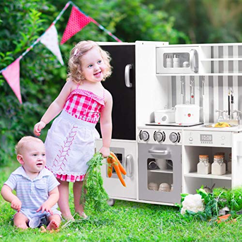 Costzon Wooden Kids Kitchen Playset with Simulated Sound (White Fridge Kitchen)