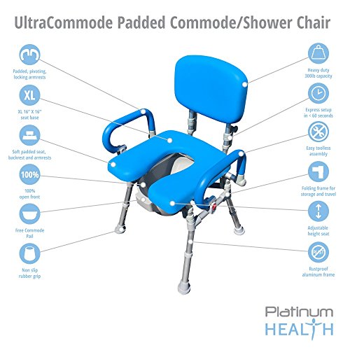 UltraCommode™ Foldable Commode/Shower Chair- Soft, Warm, Padded and Foldable. XL Seat with 100% Open Front, Padded Pivoting Armrests, Adjustable Height. Free Commode Pail. (Blue)