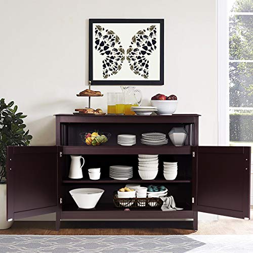 Costzon Kitchen Storage Sideboard Dining Buffet Server Cabinet Cupboard Chest with 2 Level Cabinets and Open Shelf Brown