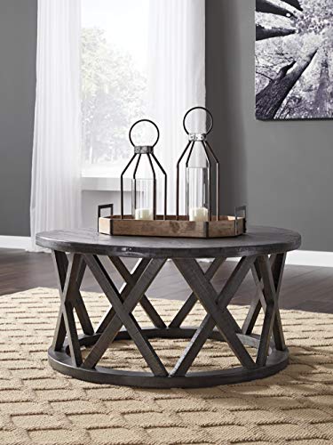 Signature Design by Ashley Sharzane Rustic Round Solid Wood Pine Coffee Table, Weathered Gray Finish