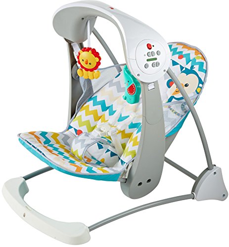 Fisher-Price Colourful Carnival Take-Along Swing and Seat, Blue/Gray Chevron, Portable Baby Swing and Stationary Infant Seat