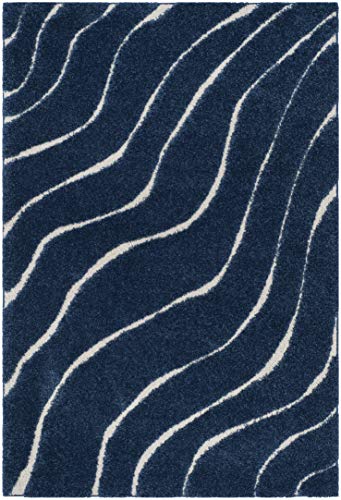 SAFAVIEH Florida Shag Collection SG472 Abstract Wave Non-Shedding Living Room Bedroom Dining Room Entryway Plush 1.2-inch Thick Area Rug, 5'3" x 7'6", Dark Blue / Cream