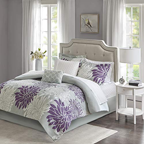 Madison Park Essentials Marible 9 Piece Complete Comforter Cotton Sheet Bedding Set, Queen, Purple