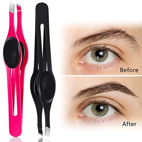 2 Pieces Wide Non-Slip Grip Slant Tip Tweezers Stainless Steel Slant Tweezer Precision Tip Hair Clip Tweezer for Ingrown Hair Facial Hair Eyebrow Shaping Splinter Blackhead Remover (Black, Rose Red)