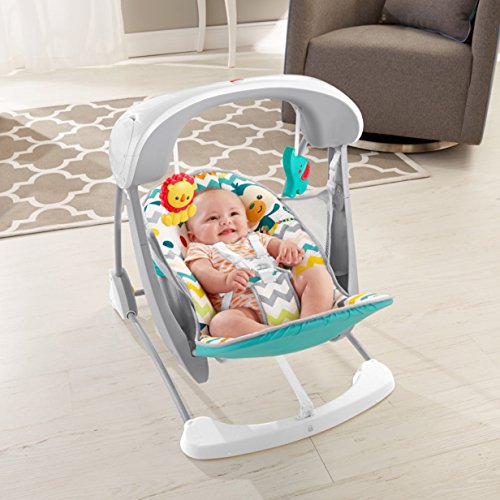 Fisher-Price Colourful Carnival Take-Along Swing and Seat, Blue/Gray Chevron, Portable Baby Swing and Stationary Infant Seat