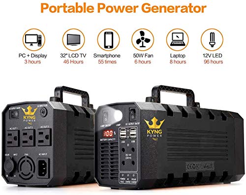 Kyng 500W Portable Power Station Solar Generator Lithium Battery 110V/500W Pure Sine Wave AC-DC-Solar Charge, USB, LED Light, 12V Car, Emergency Power, Camping 288wh