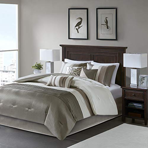 Madison Park Amherst Faux Silk Comforter Set-Casual Contemporary Design All Season Down Alternative Bedding, Matching Shams, Bedskirt, Decorative Pillows, Cal King(104"x92"), Natural, 7 Piece (MP10-123)