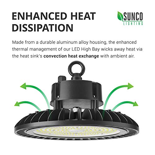 Sunco Lighting 2 Pack UFO LED High Bay, 150W, 600W HID Replacement, 21,000 LM, 5000K Daylight, IP65 Waterproof, Commercial Grade Lighting, Hook Mount, Safety Cable, Warehouse - UL, DLC