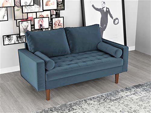 Container Furniture Direct S5456 Mid Century Modern Velvet Upholstered Tufted Living Room Loveseat, 50.39", Prussian Blue