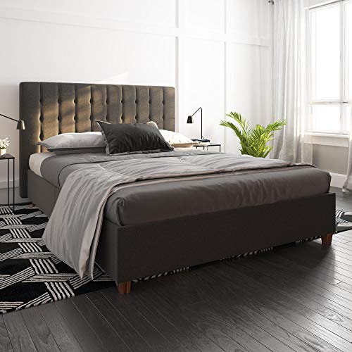 DHP Emily Upholstered Linen Platform Bed with Wooden Slat Support, Tufted Headboard, Full Size - Grey