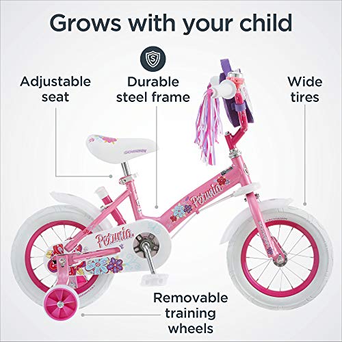 Schwinn Petunia Steerable Kids Bike, Girls Beginner Bicycle, 12-Inch Wheels, Training Wheels, Easily Removed Parent Push Handle with Water Bottle Holder, Pink