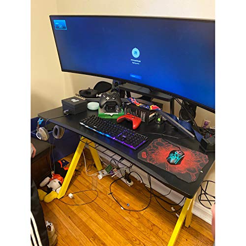 lazzo 42" Gaming Desk,Home Office Desk with Detachable Monitor Stand,Storage Basket,Speaker Holder,Cup Holder,Headphone Hook & Cable Management,Computer Gaming Table, Yellow