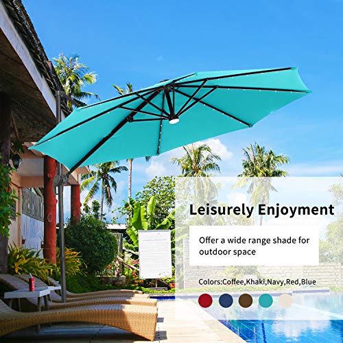 10 FT Patio Umbrella Cantilever Umbrella with Solar LED Light 360° Rotation Hanging Umbrella with Tilt & Crank Outdoor Market Umbrella,8 Sturdy Ribs(Blue)