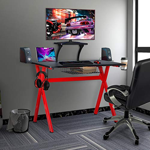 LAZZO X Type Computer Gaming Desk 41" Home Game Table Desk with Display Support Plate, Cup Holder and Headphone Hook,Gamer Workstation, Curved Front Desktop,Red & Black Design(41" Wx23.5 D)