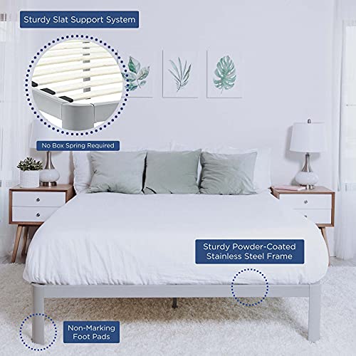 Modway Corinne Steel Modern Mattress Foundation Queen Bed Frame with Wood Slat Support in Gray