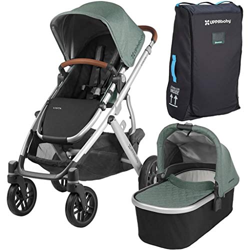 2018 UPPABaby Vista Stroller - Emmett (Green Melange/Silver/Saddle Leather) + Vista Travel Bag