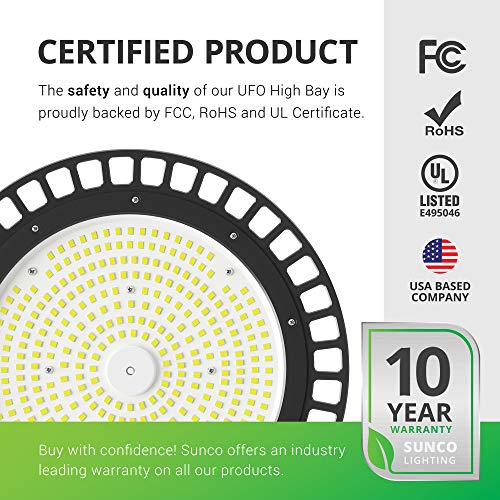 Sunco Lighting 2 Pack UFO LED High Bay, 150W, 600W HID Replacement, 21,000 LM, 5000K Daylight, IP65 Waterproof, Commercial Grade Lighting, Hook Mount, Safety Cable, Warehouse - UL, DLC