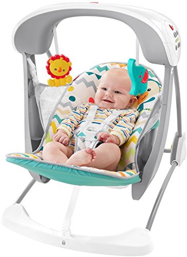 Fisher-Price Colourful Carnival Take-Along Swing and Seat, Blue/Gray Chevron, Portable Baby Swing and Stationary Infant Seat