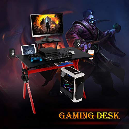 Lazzo Stylish 41.7" Multifunction Computer Gaming Desk Music Workstation With Removable Display Support Plate,Cup Holder and Headphone Hook,Storage Basket,For Home Office Bedroom,Red & Black 41"x23.5"