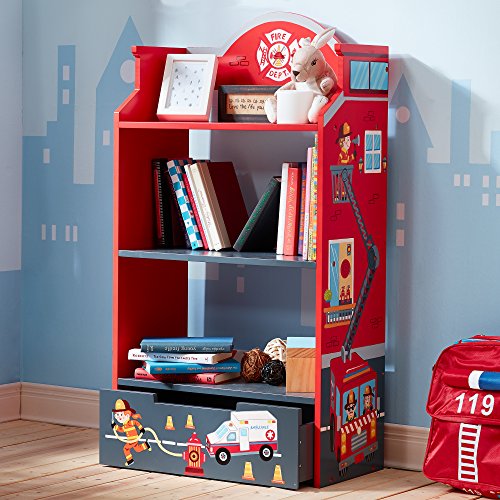 Fantasy Fields - Little Fire Fighters Themed Kids Sturdy Wooden Bookshelf with Storage , Tier Shelves Bookcase and 1 Toy Storage Drawer, Red