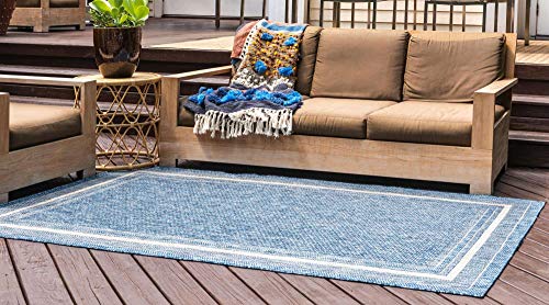 Unique Loom Outdoor Collection Transitional Indoor & Outdoor Casual Solid Tonal Border Area Rug, 7 x 10 ft, Blue/Beige