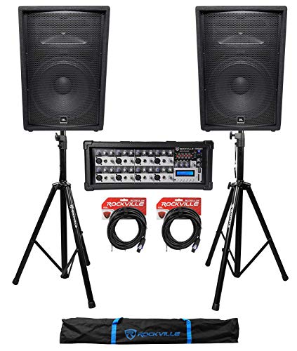 (2) JBL Pro JRX215 15" 2000w PA/DJ Speakers+Powered Mixer w/Bluetooth+Stands