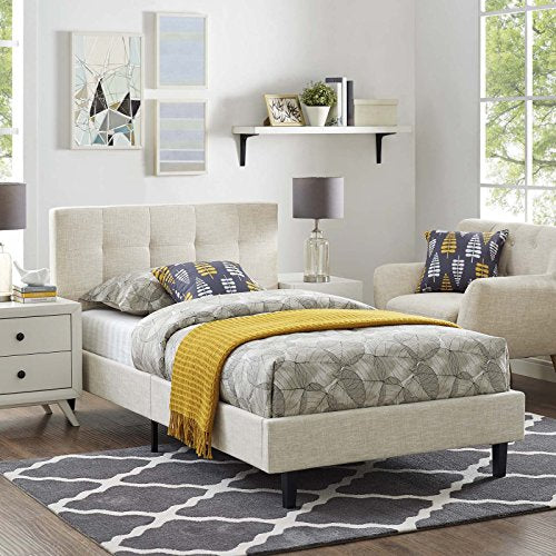 Modway Linnea Upholstered Beige Twin Platform Bed with Wood Slat Support