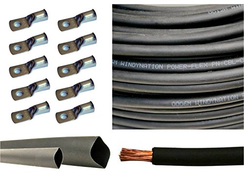 2/0 Gauge 2/0 AWG 40 Feet Black Welding Battery Pure Copper Flexible Cable + 10pcs of 3/8" Tinned Copper Cable Lug Terminal Connectors + 3 Feet Black Heat Shrink Tubing