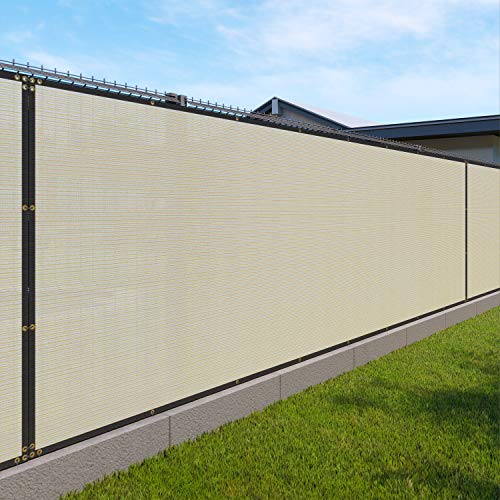 Windscreen4less Heavy Duty Privacy Screen Fence in Color Beige with White Stripes 4' x 132' Brass Grommets 150 GSM - Customized Size