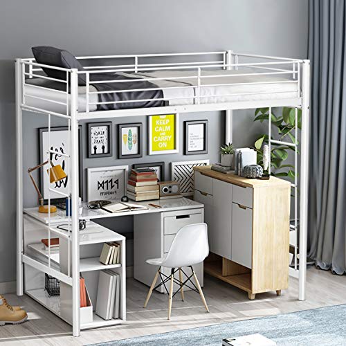 Costzon Loft Twin Bed Single Bunk Bed with Sturdy Steel Frame High Sleeper Multipurpose Use Full Length Guardrails White