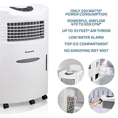 Honeywell 470-659CFM Portable Evaporative Cooler, Fan & Humidifier with Ice Compartment & Remote, CL201AEW, White