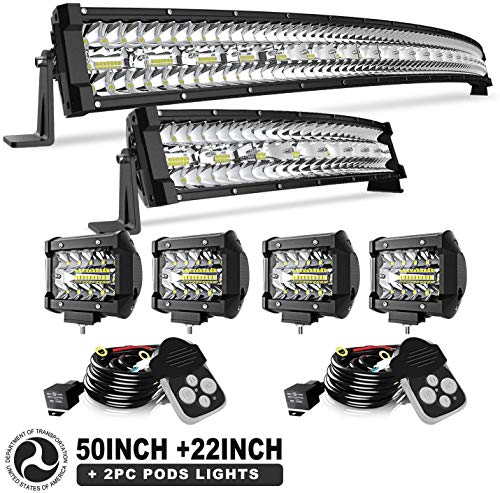 Led Light Bar T-Former 50Inch 936W+ 22Inch 390W Curved Triple Row Combo LED Light Bars Kit + 4Pcs 4in Offroad Driving Fog Lights W/Rocker Switch Wiring Harness Kit for Jeep Tucks Polaris Boats