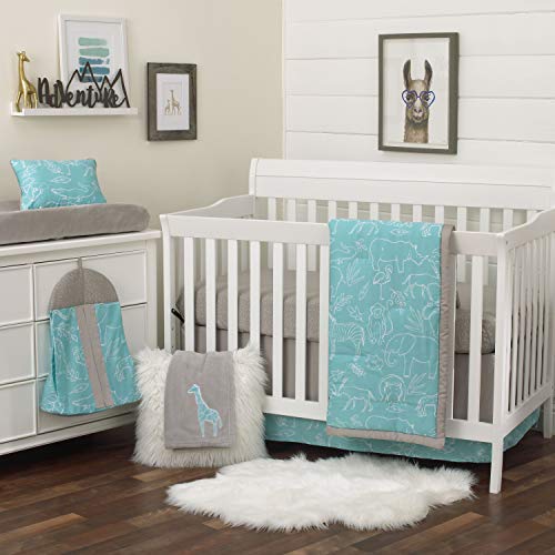 NoJo Dreamer Modern Safari Blue 8 Piece Nursery Crib Bedding Set, Turquoise/Grey