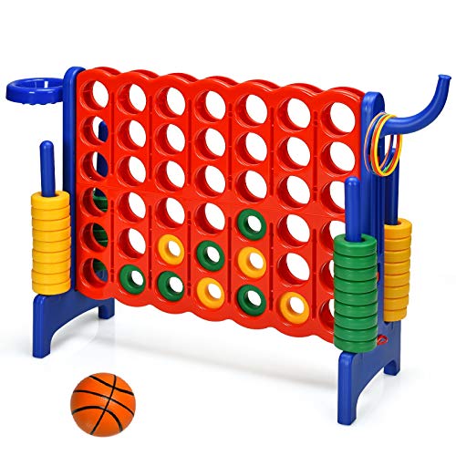 Costzon Giant 4-in-A-Row, Jumbo 4-to-Score Giant Game w/ Basketball Hoop, Ring Toss, Quick-Release Slider, 42 Jumbo Rings, Indoor Outdoor Family Connect Game for Kids & Adults, Backyard Games, Blue