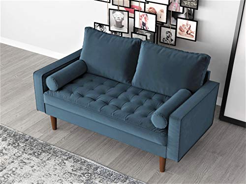 Container Furniture Direct S5456 Mid Century Modern Velvet Upholstered Tufted Living Room Loveseat, 50.39", Prussian Blue