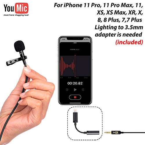 Lavalier Lapel Microphone with Adapter Compatible with iPhone X, XR, XS, XS Max, 8, 8 Plus, 7, 7 Plus - iPhone Microphone for Video Recording