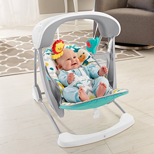 Fisher-Price Colourful Carnival Take-Along Swing and Seat, Blue/Gray Chevron, Portable Baby Swing and Stationary Infant Seat