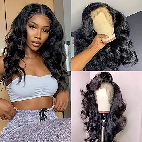 13x4 Human Hair Lace Front Wigs Brazilian Body Wave Frontal Wig Pre Plucked With Baby Hair Natural Hairline Body Wave Wigs For Black Women 150% Density Natural Color(16 Inch)