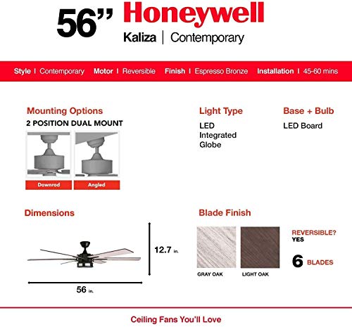 Honeywell Ceiling Fans 51035-01Kaliza Modern LED Ceiling Fan with Remote Control, 6 Blade Large 56", Gun Metal 52" (Renewed)